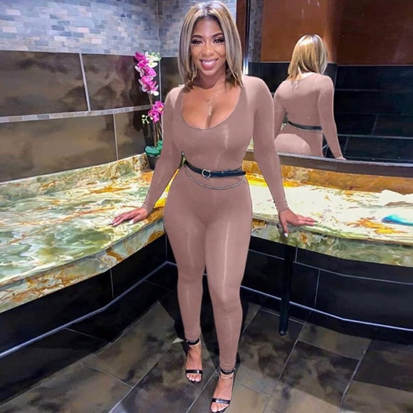 Long Sleeve Bodycon Jumpsuit Rompers Color Apricot Size S - Picture 2 of 6